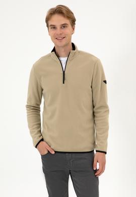 Erkek Regular Fit Açık Haki Polar Yarım Fermuarlı Basic Sweatshirt - 50313777086