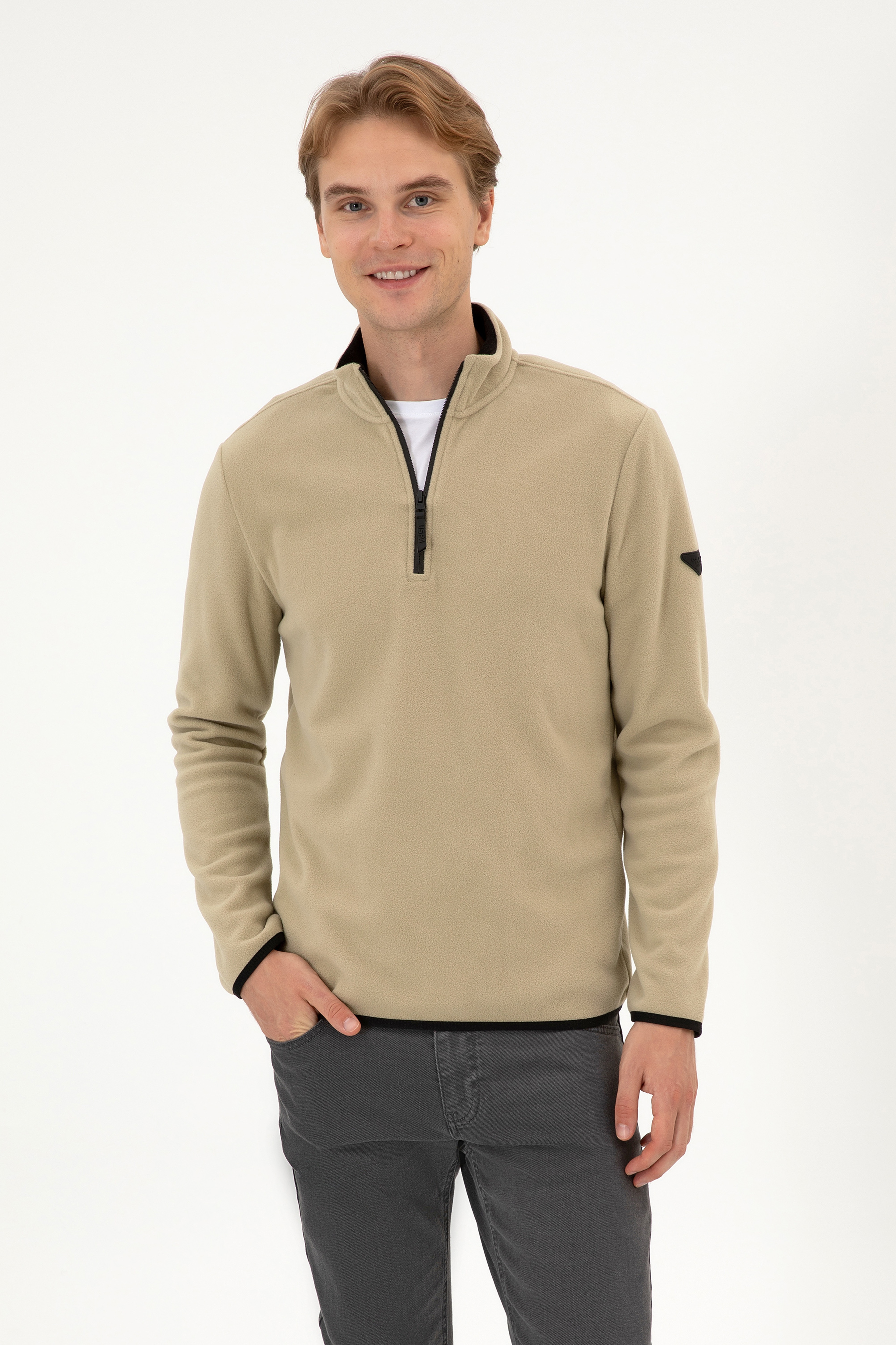 Erkek Regular Fit Açık Haki Polar Yarım Fermuarlı Basic Sweatshirt - Image 1