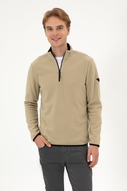 Erkek Regular Fit Açık Haki Polar Yarım Fermuarlı Basic Sweatshirt