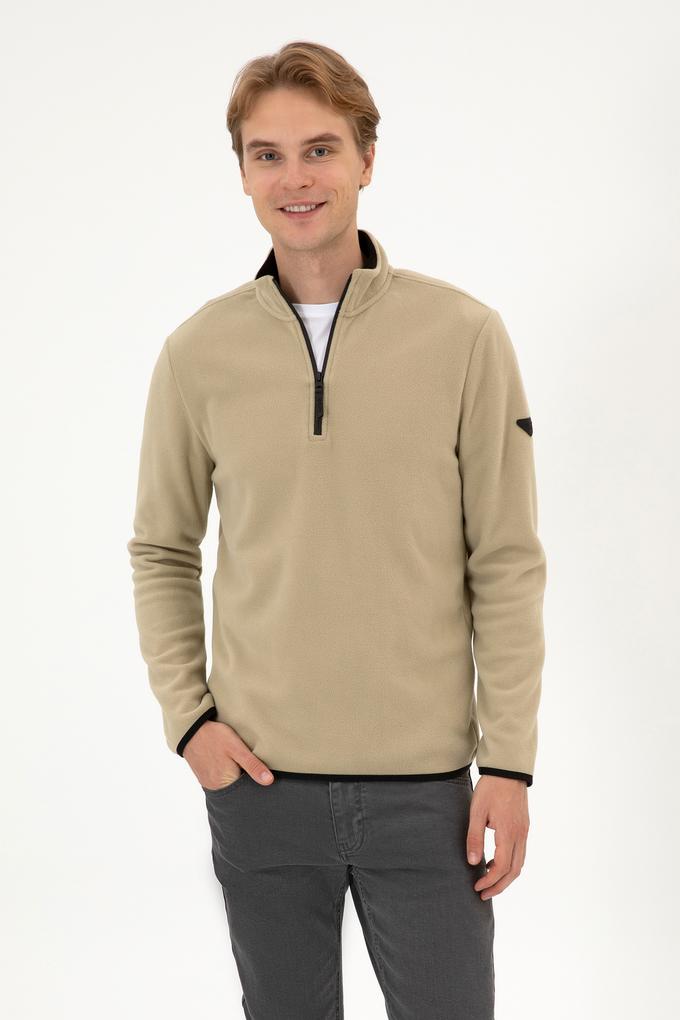 Erkek Regular Fit Açık Haki Polar Yarım Fermuarlı Basic Sweatshirt