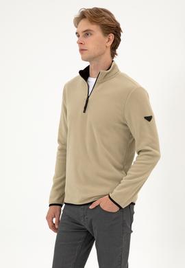 Erkek Regular Fit Açık Haki Polar Yarım Fermuarlı Basic Sweatshirt - 50313777086