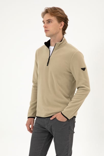 Erkek Regular Fit Açık Haki Polar Yarım Fermuarlı Basic Sweatshirt
