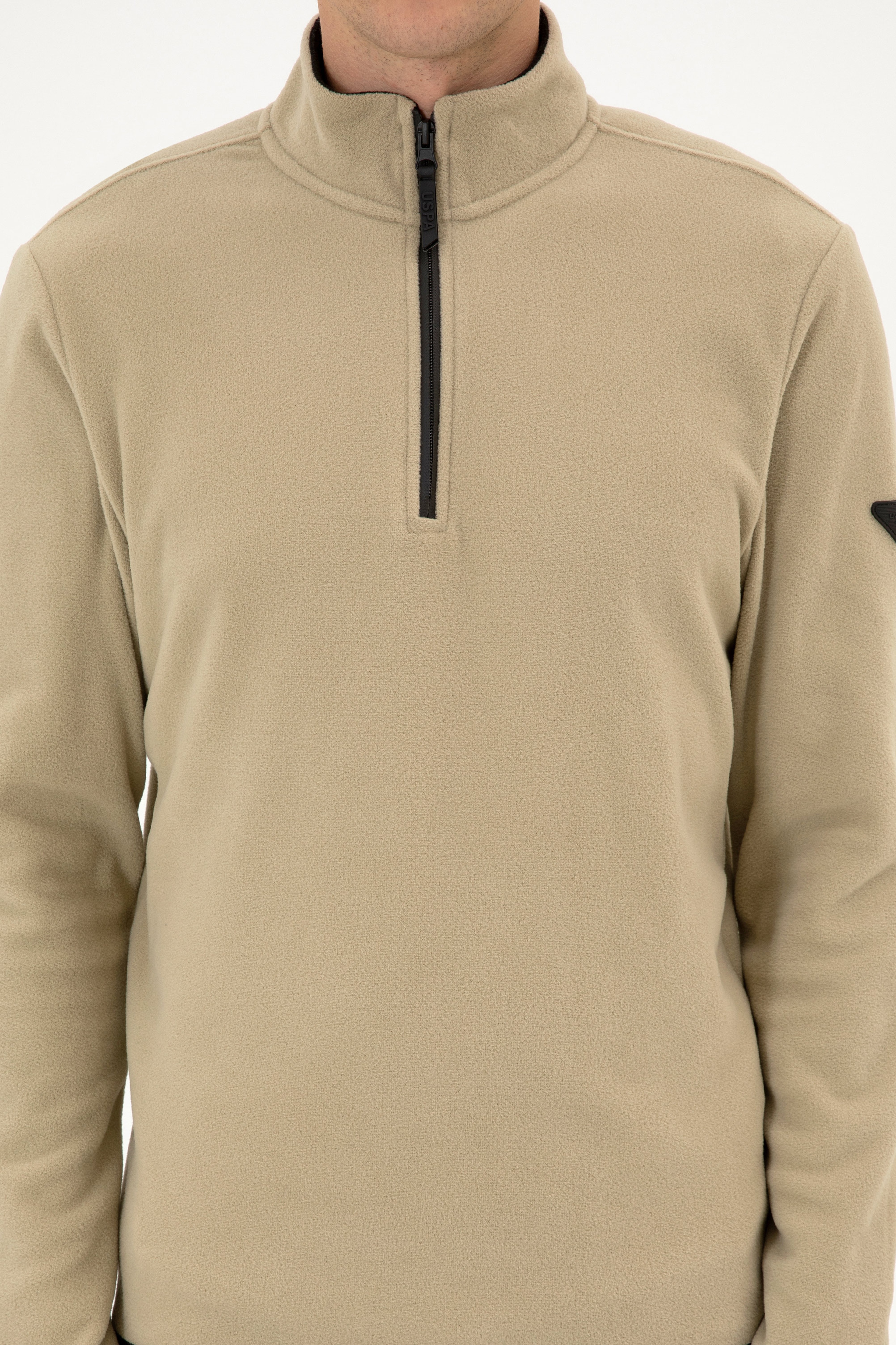 Erkek Regular Fit Açık Haki Polar Yarım Fermuarlı Basic Sweatshirt