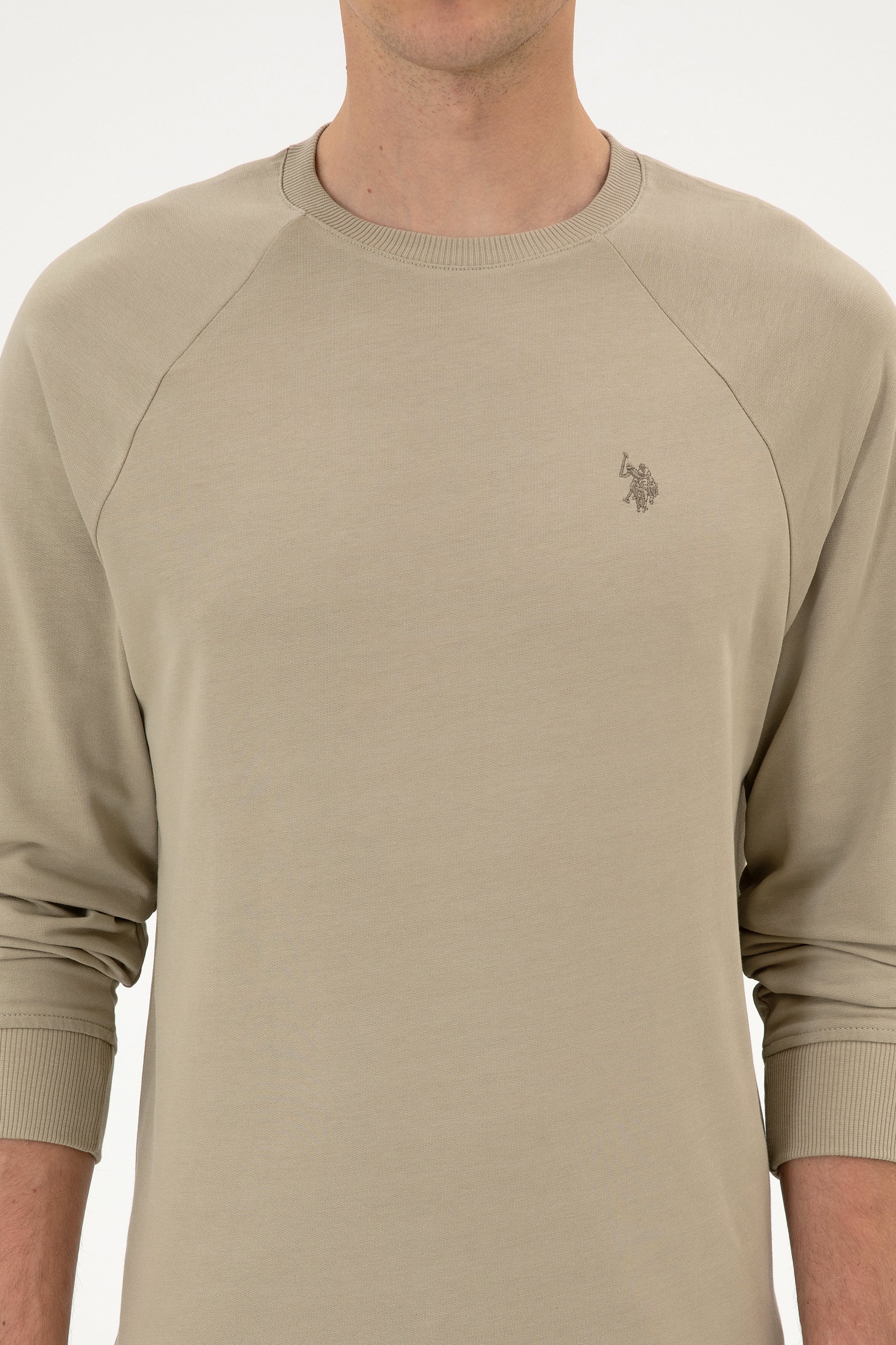 Erkek Regular Fit Bisiklet Yaka Açık Haki İnce Basic Sweatshirt