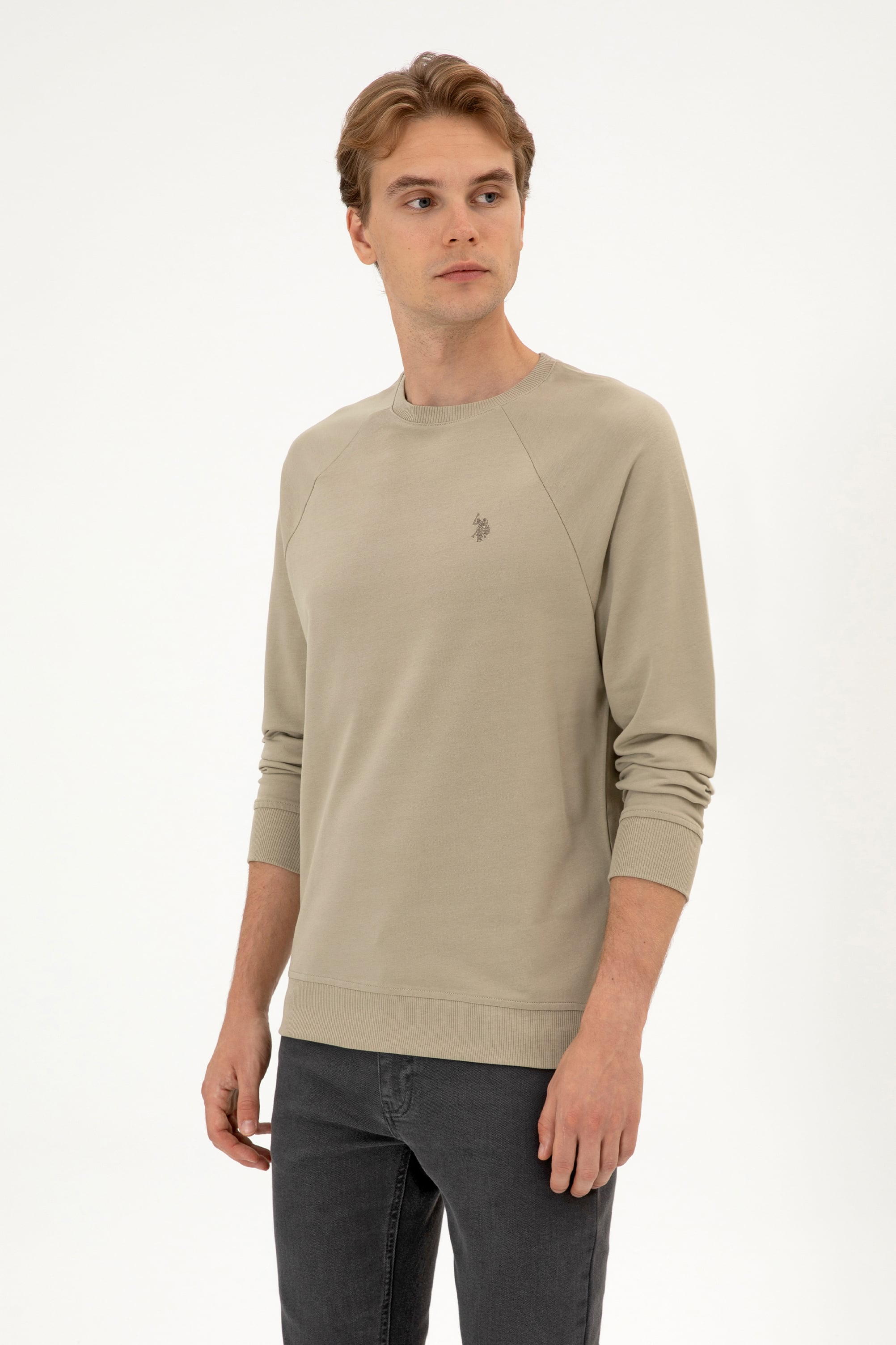 Erkek Regular Fit Bisiklet Yaka Açık Haki İnce Basic Sweatshirt