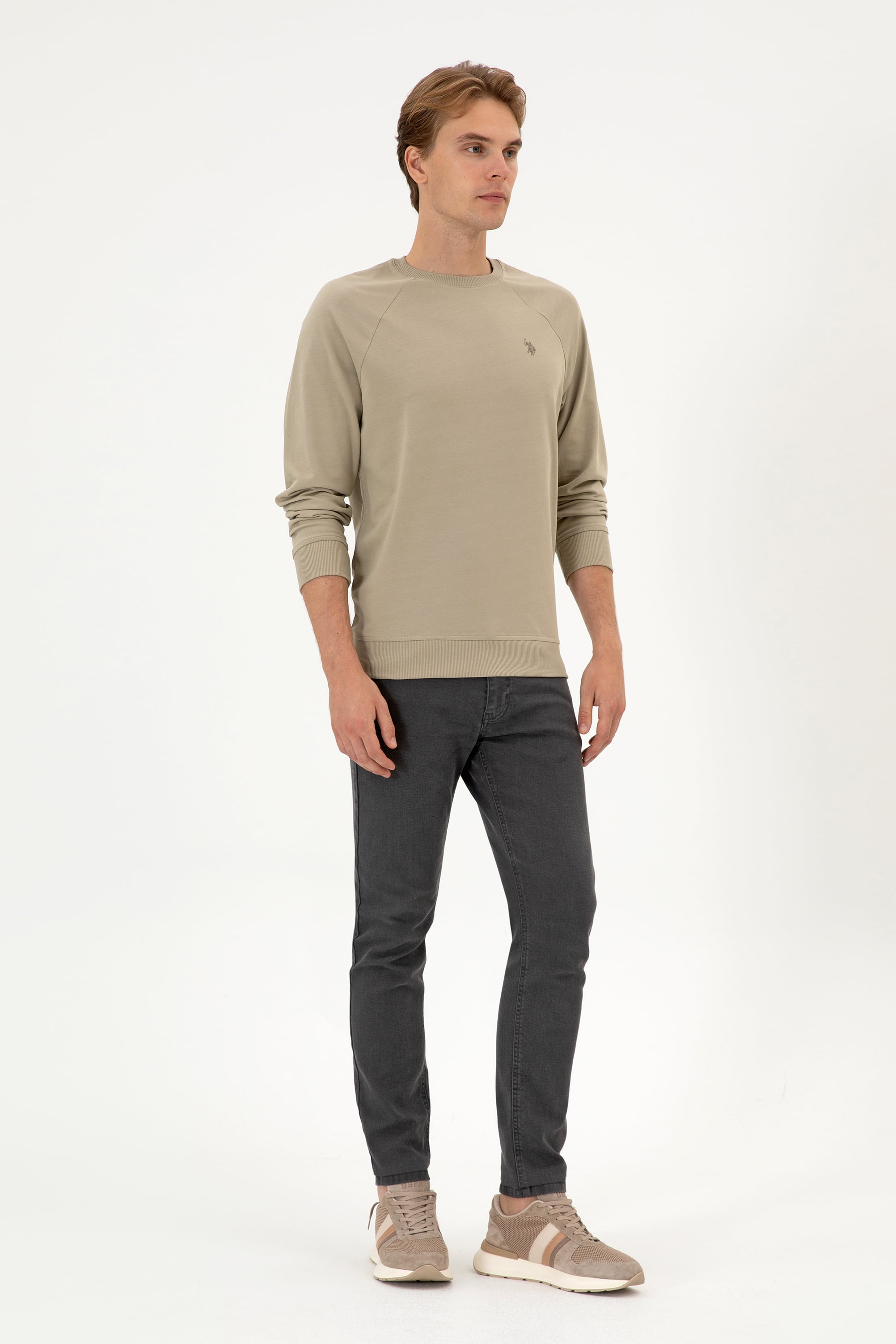 Erkek Regular Fit Bisiklet Yaka Açık Haki İnce Basic Sweatshirt - Image 4