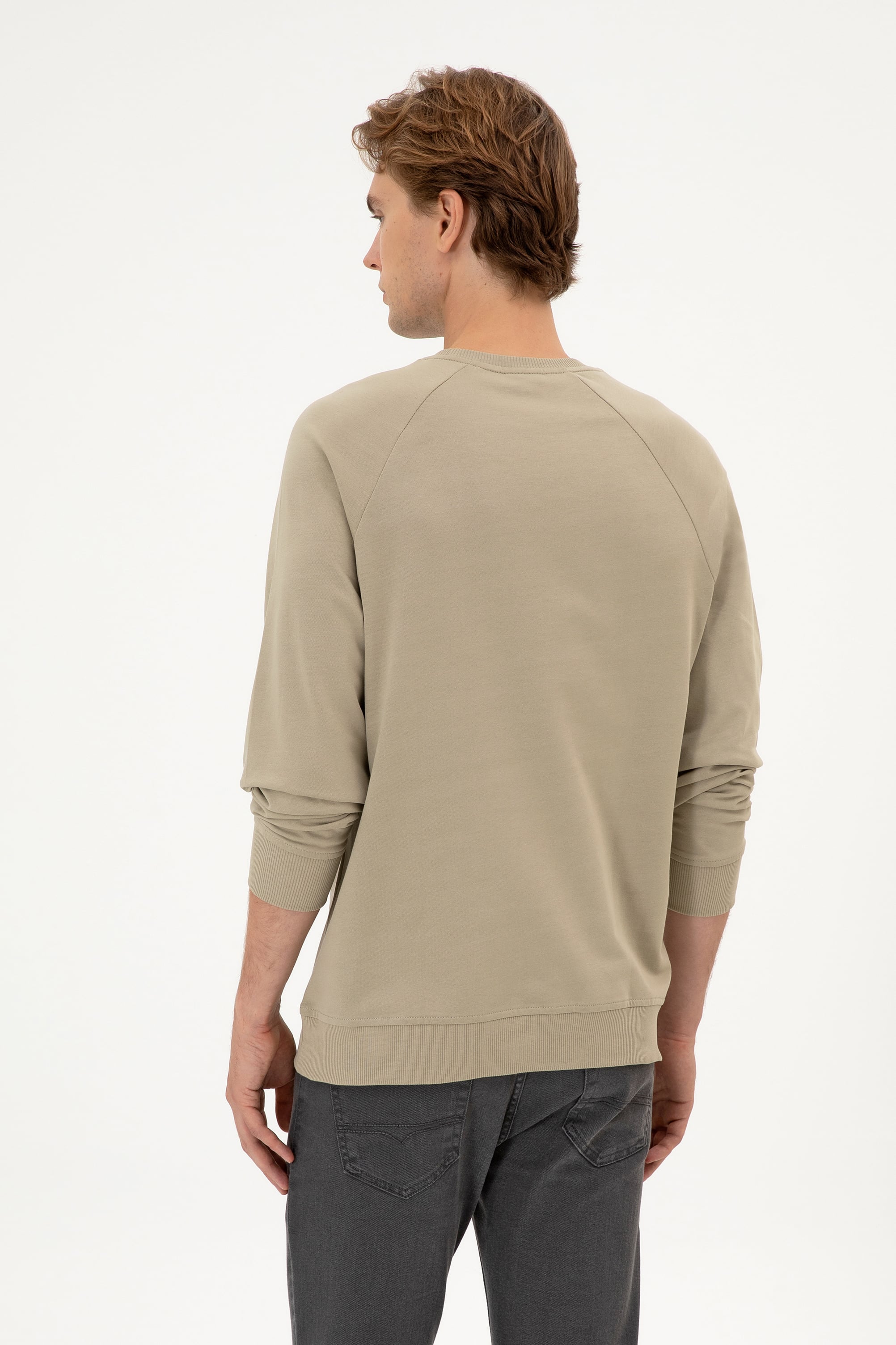 Erkek Regular Fit Bisiklet Yaka Açık Haki İnce Basic Sweatshirt - Image 5