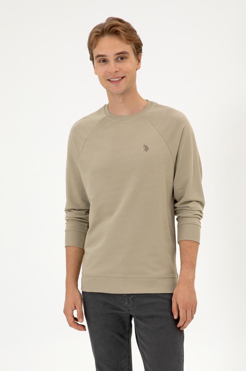 Erkek Regular Fit Bisiklet Yaka Açık Haki İnce Basic Sweatshirt
