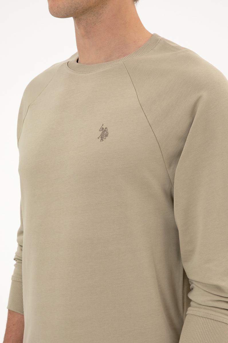 Erkek Regular Fit Bisiklet Yaka Açık Haki İnce Basic Sweatshirt