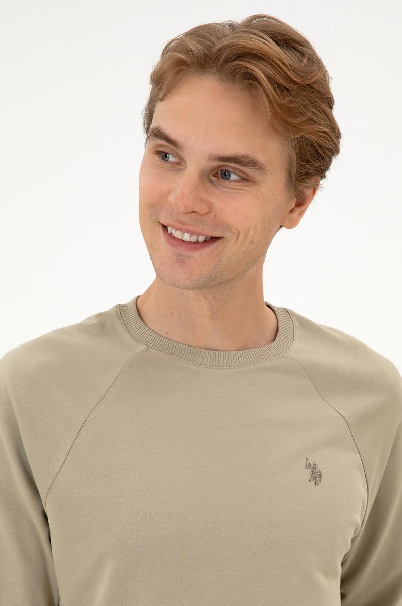 Erkek Regular Fit Bisiklet Yaka Açık Haki İnce Basic Sweatshirt