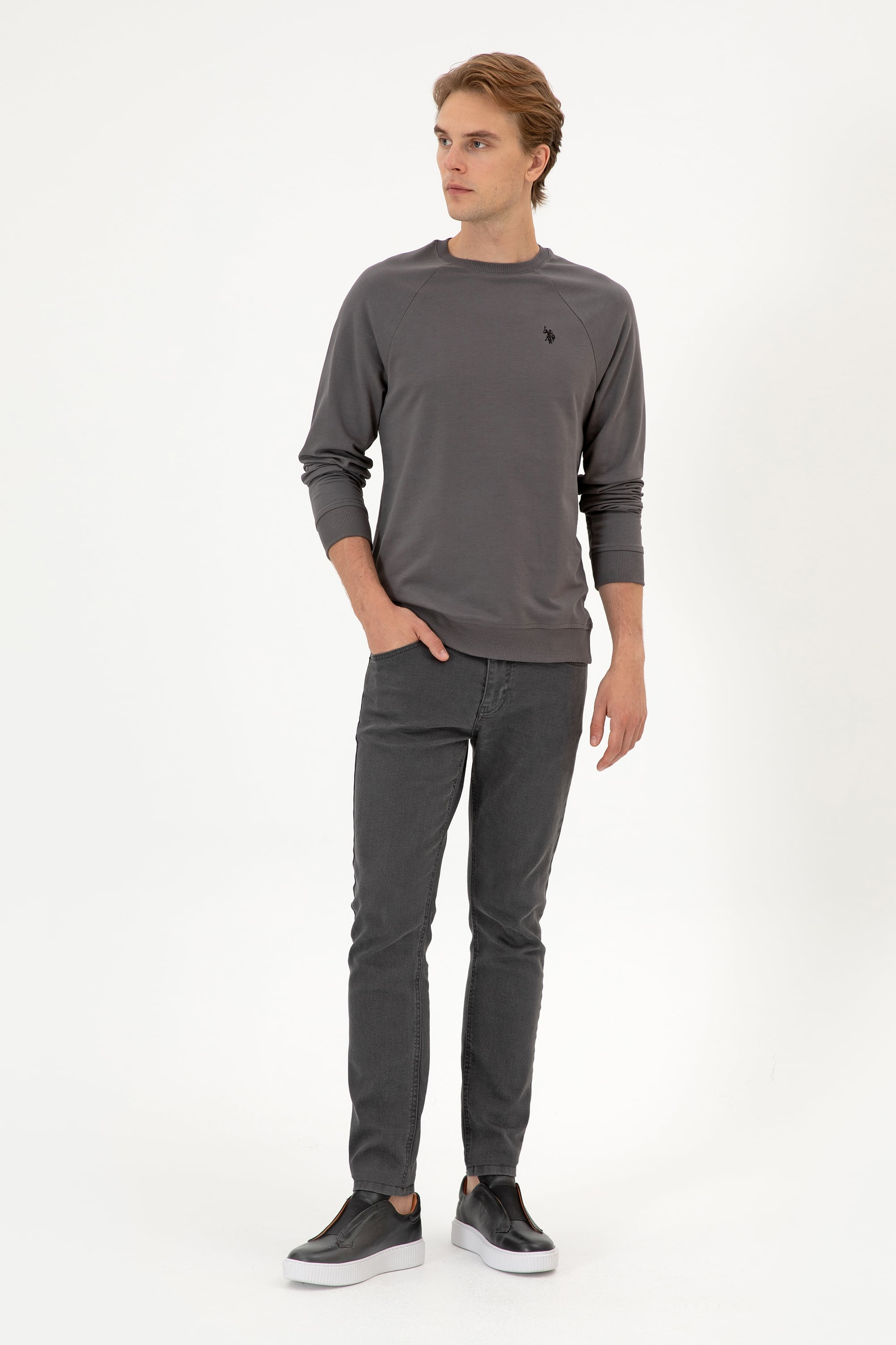 Erkek Regular Fit Bisiklet Yaka Gri İnce Basic Sweatshirt - Image 4