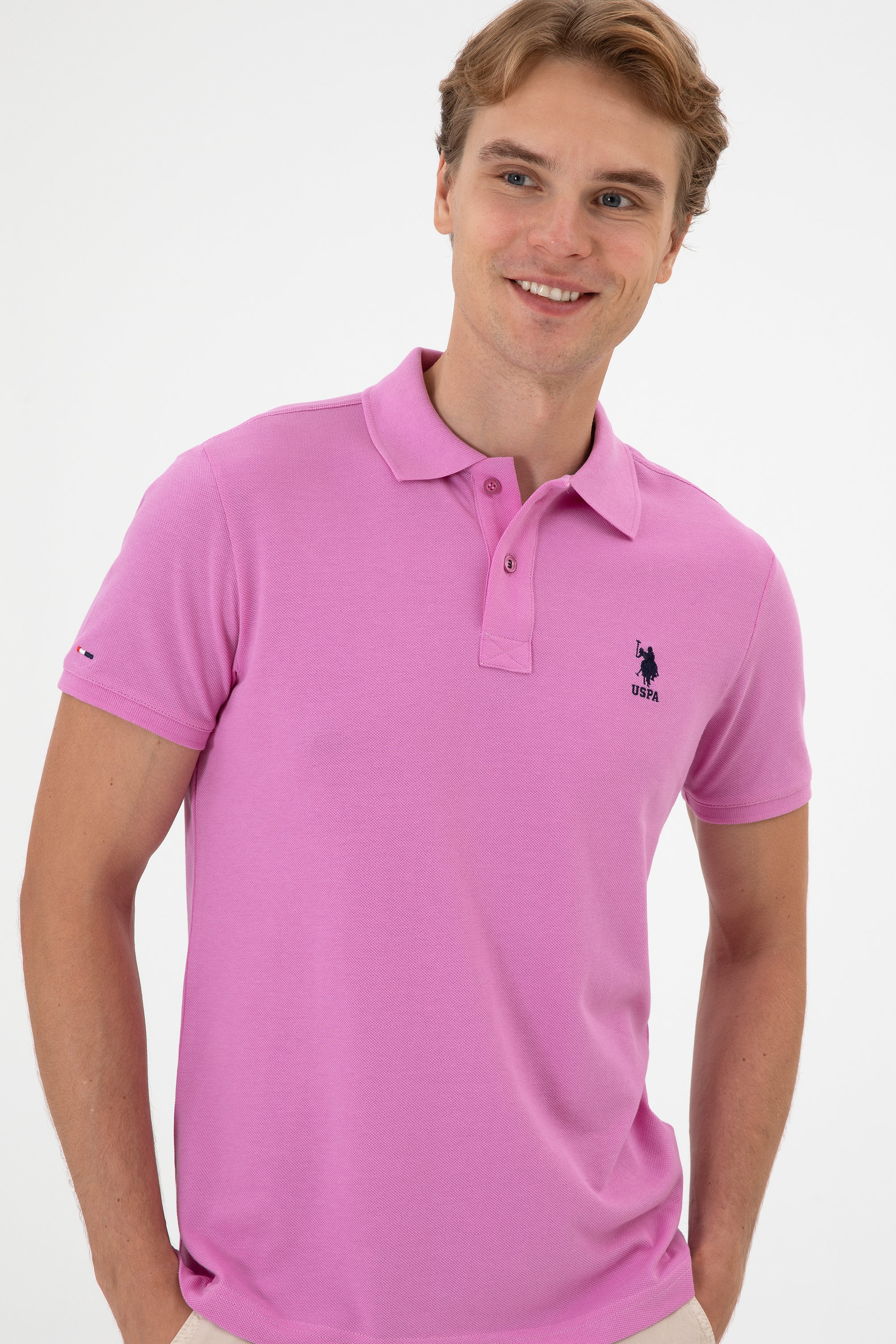 Erkek Slim Fit Polo Yaka Fuşya Basic Tişört - Image 2