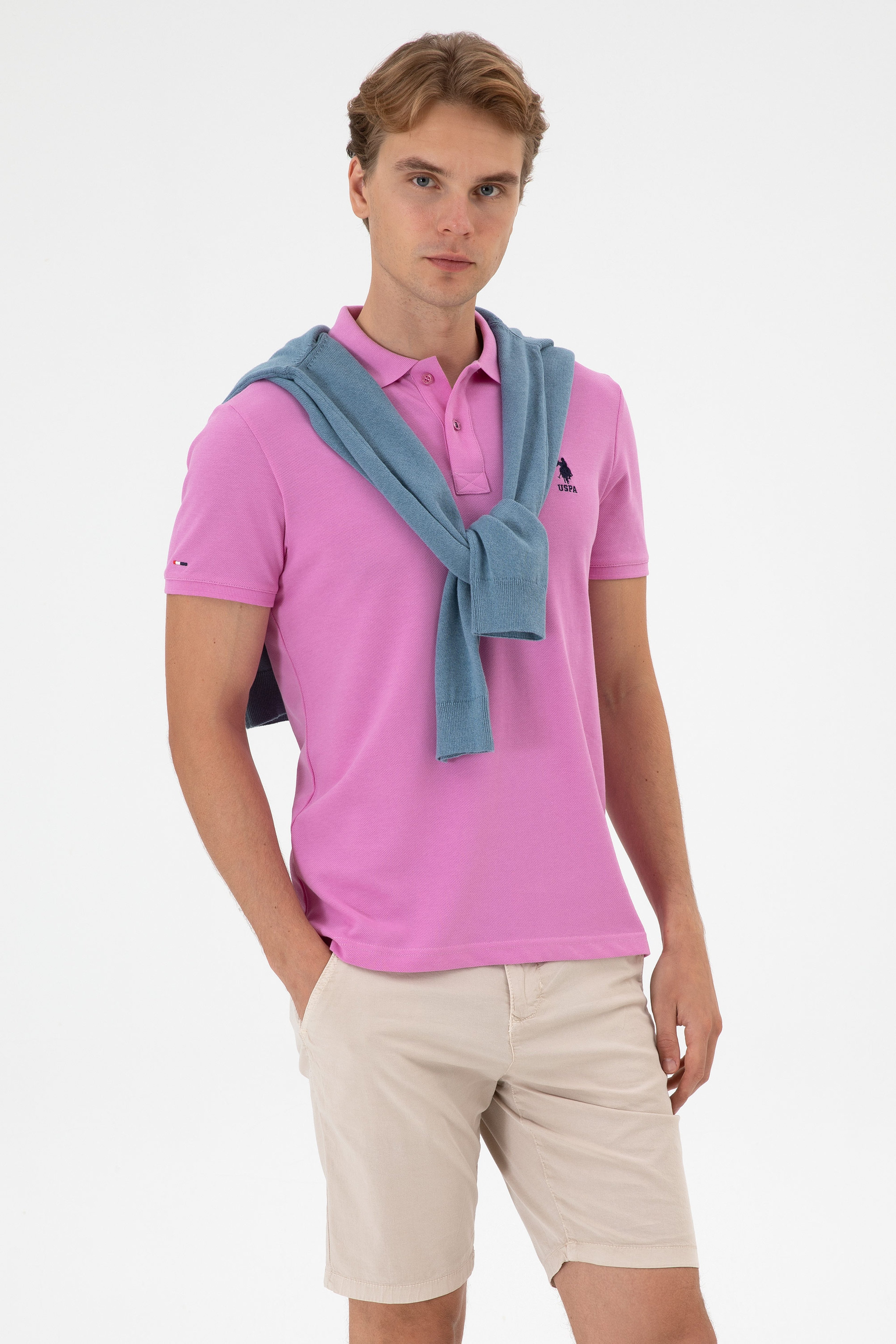 Erkek Slim Fit Polo Yaka Fuşya Basic Tişört - Image 1