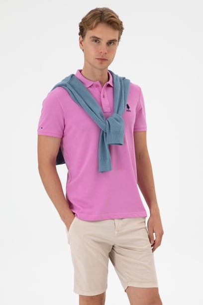 Erkek Slim Fit Polo Yaka Fuşya Basic Tişört