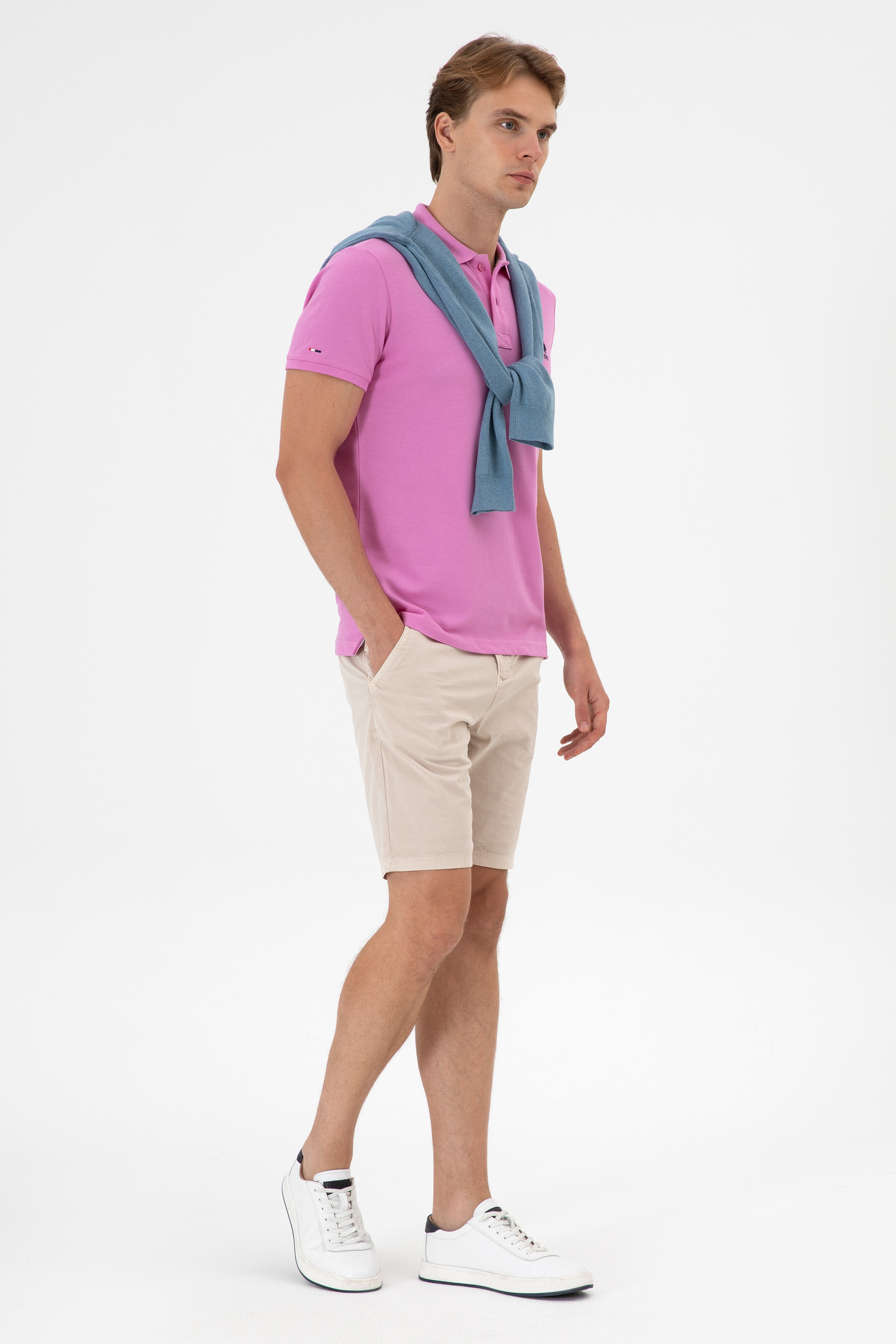Erkek Slim Fit Polo Yaka Fuşya Basic Tişört - Image 4