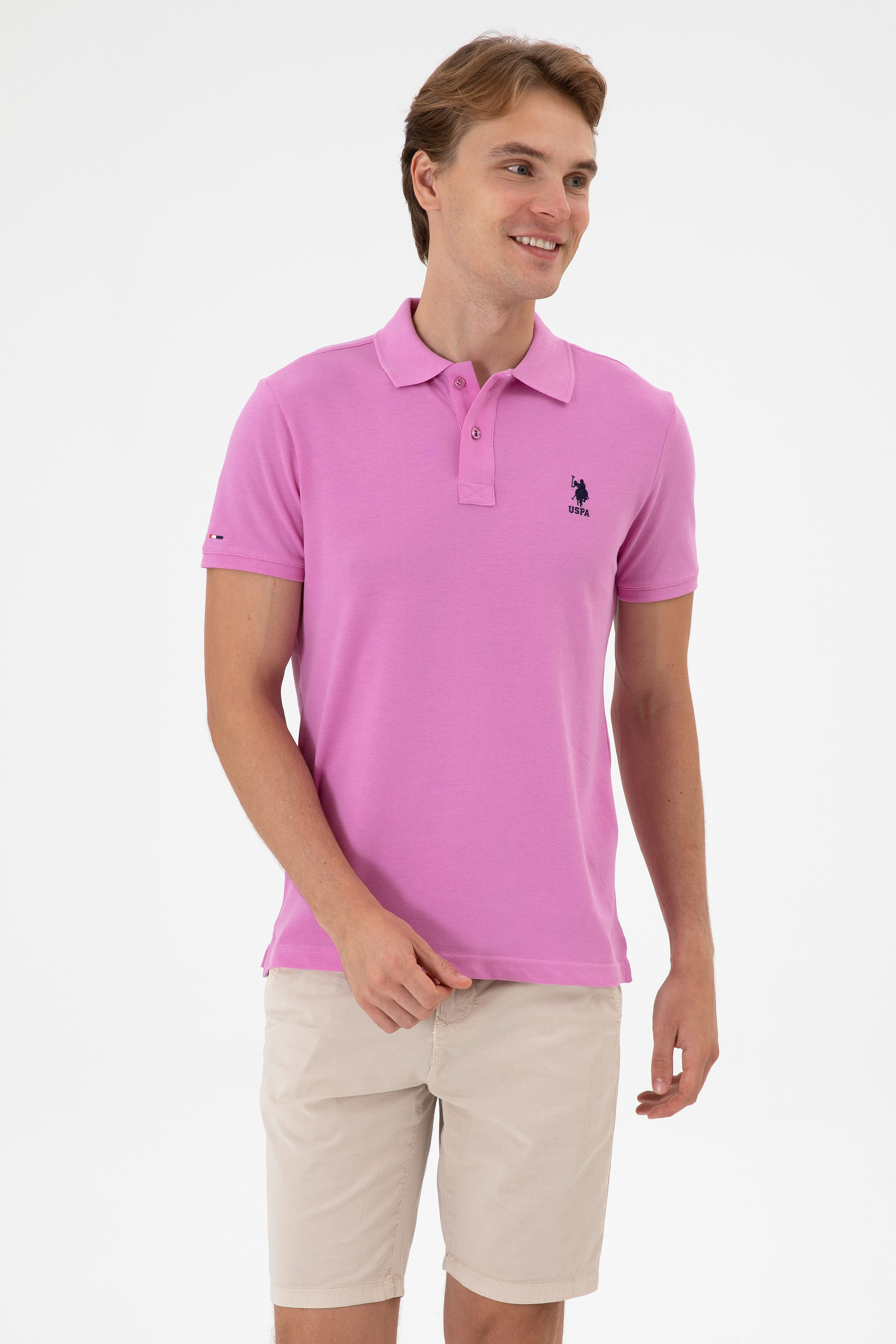 Erkek Slim Fit Polo Yaka Fuşya Basic Tişört - Image 3