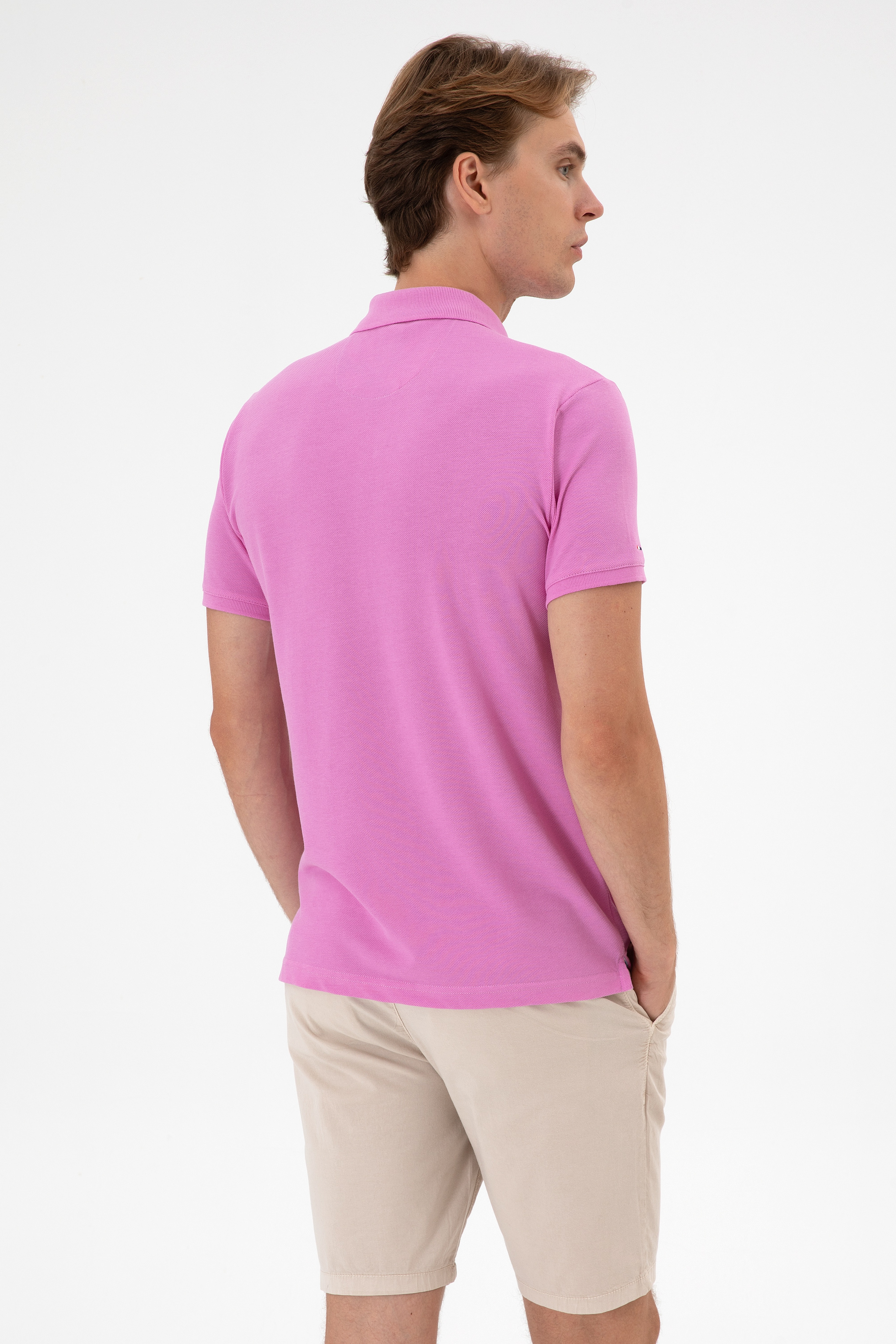 Erkek Slim Fit Polo Yaka Fuşya Basic Tişört - Image 5