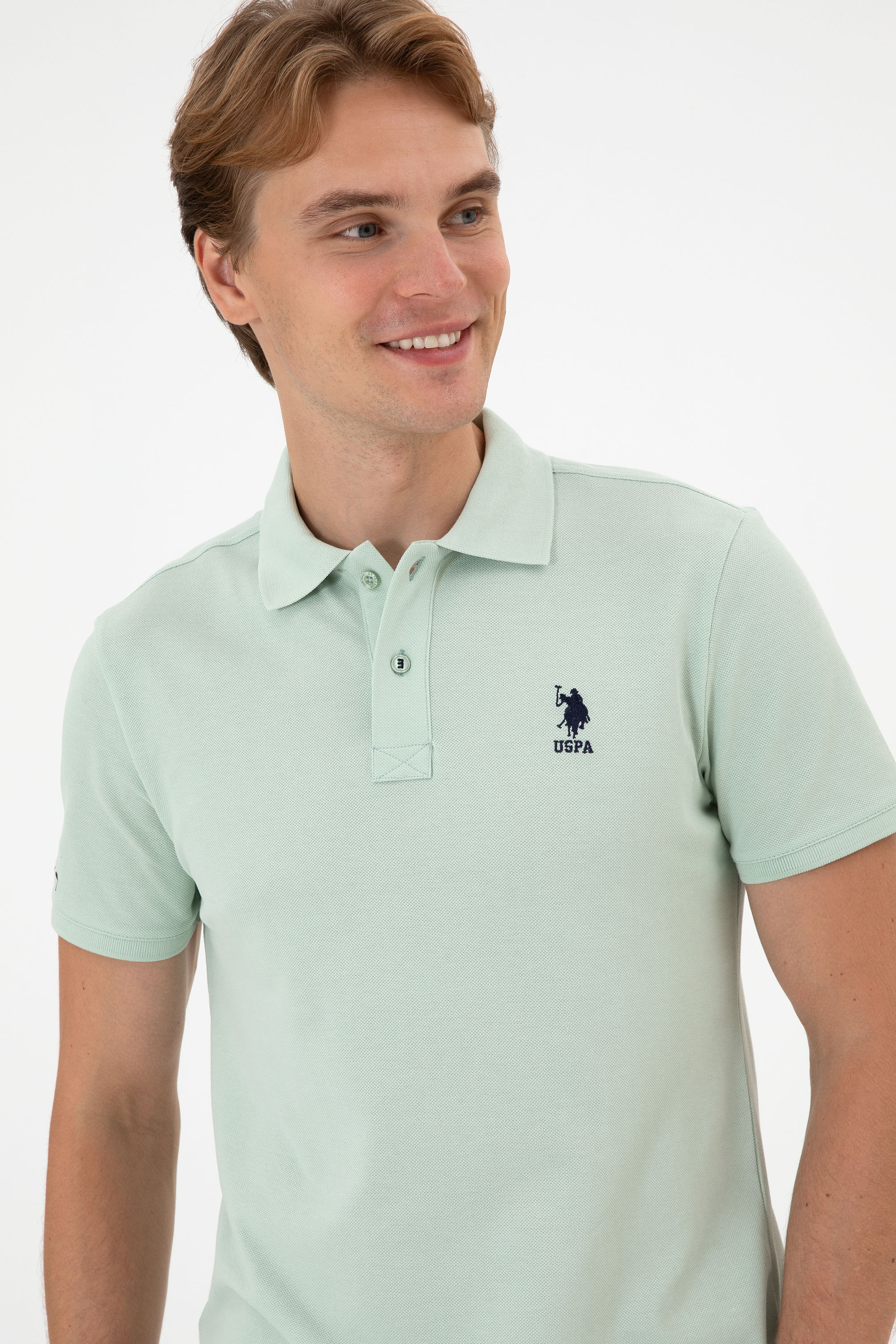 Erkek Slim Fit Polo Yaka Su Yeşili Basic Tişört - Image 2