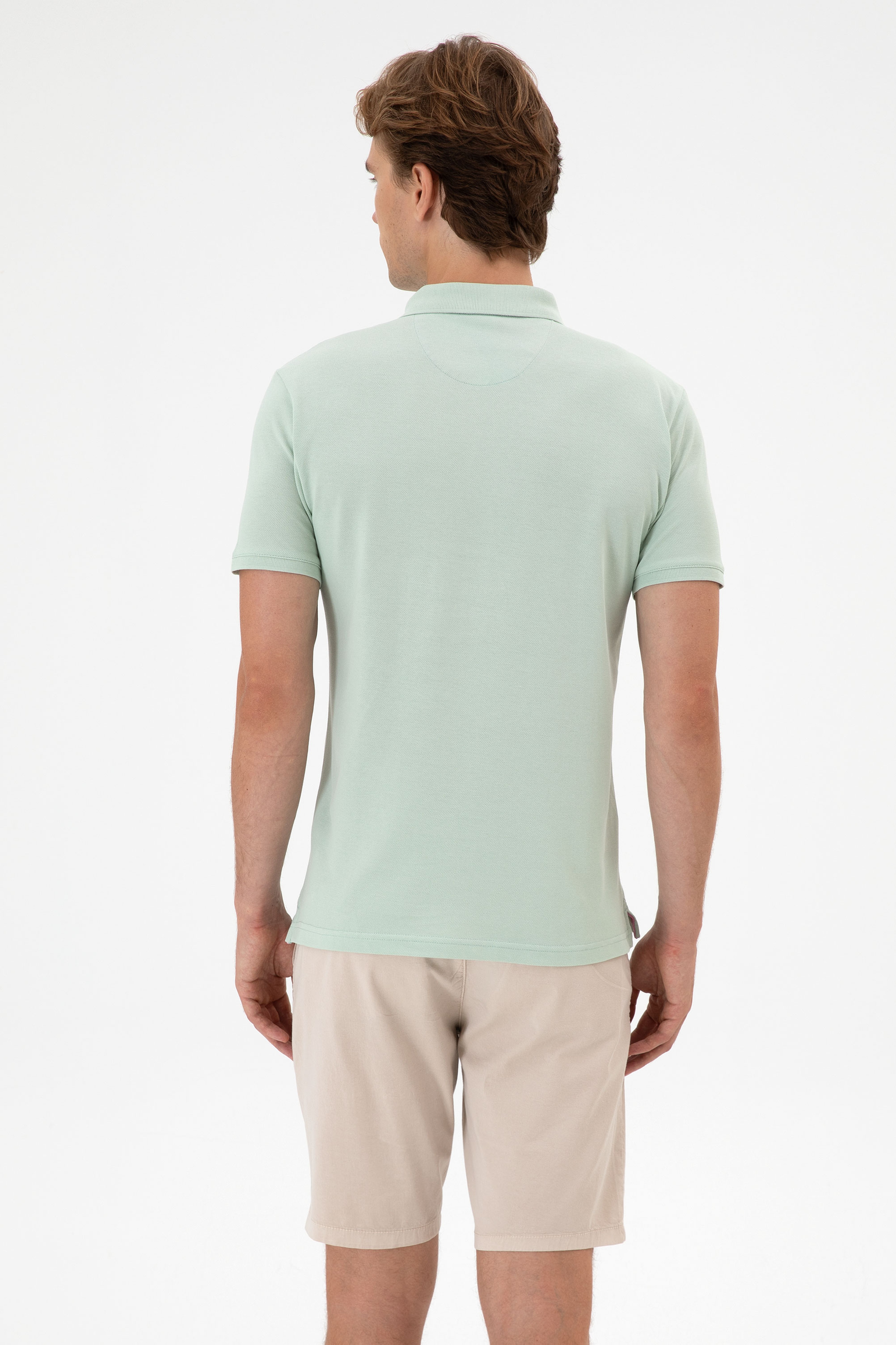 Erkek Slim Fit Polo Yaka Su Yeşili Basic Tişört - Image 5