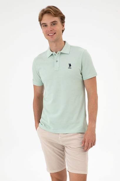Erkek Slim Fit Polo Yaka Su Yeşili Basic Tişört