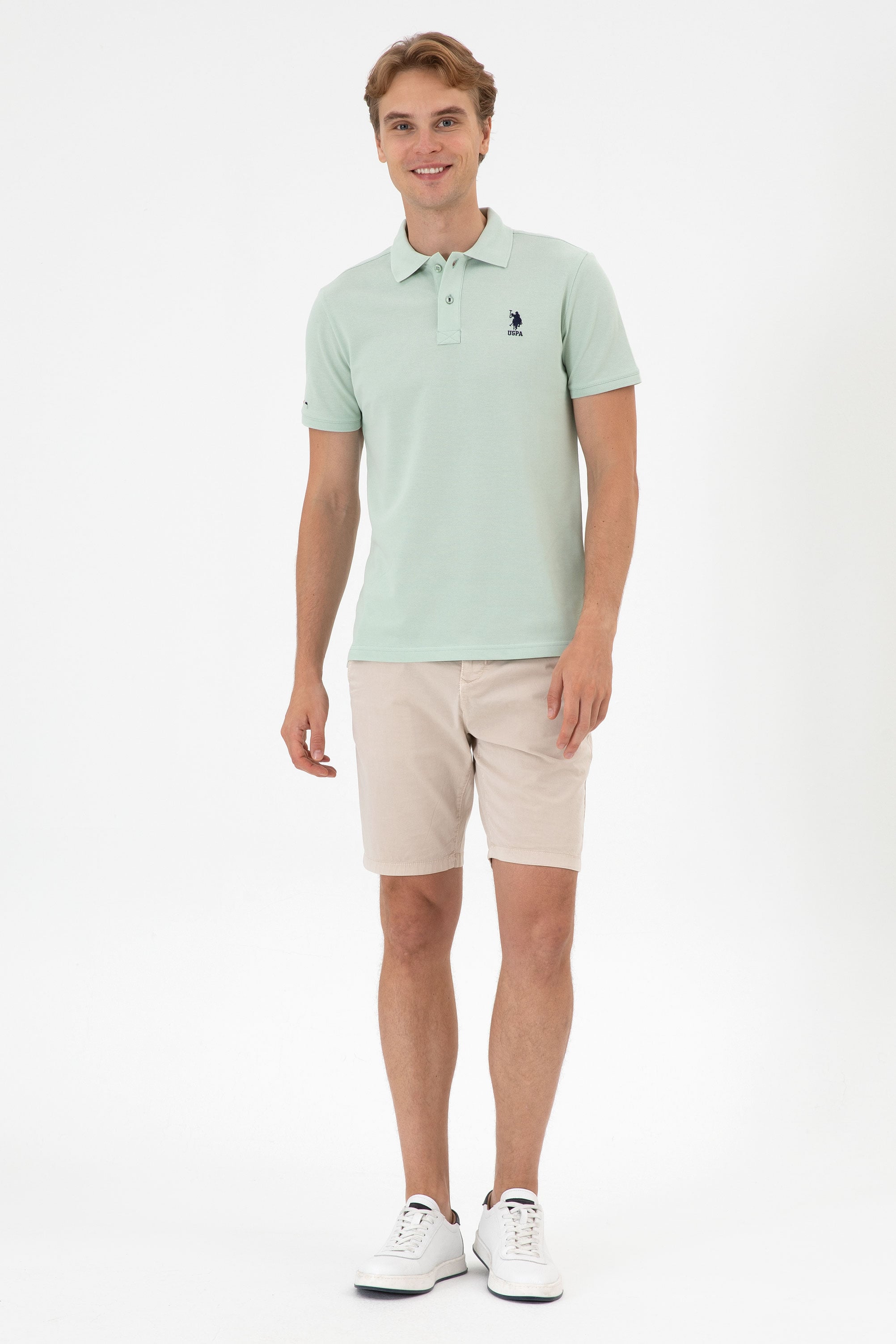 Erkek Slim Fit Polo Yaka Su Yeşili Basic Tişört