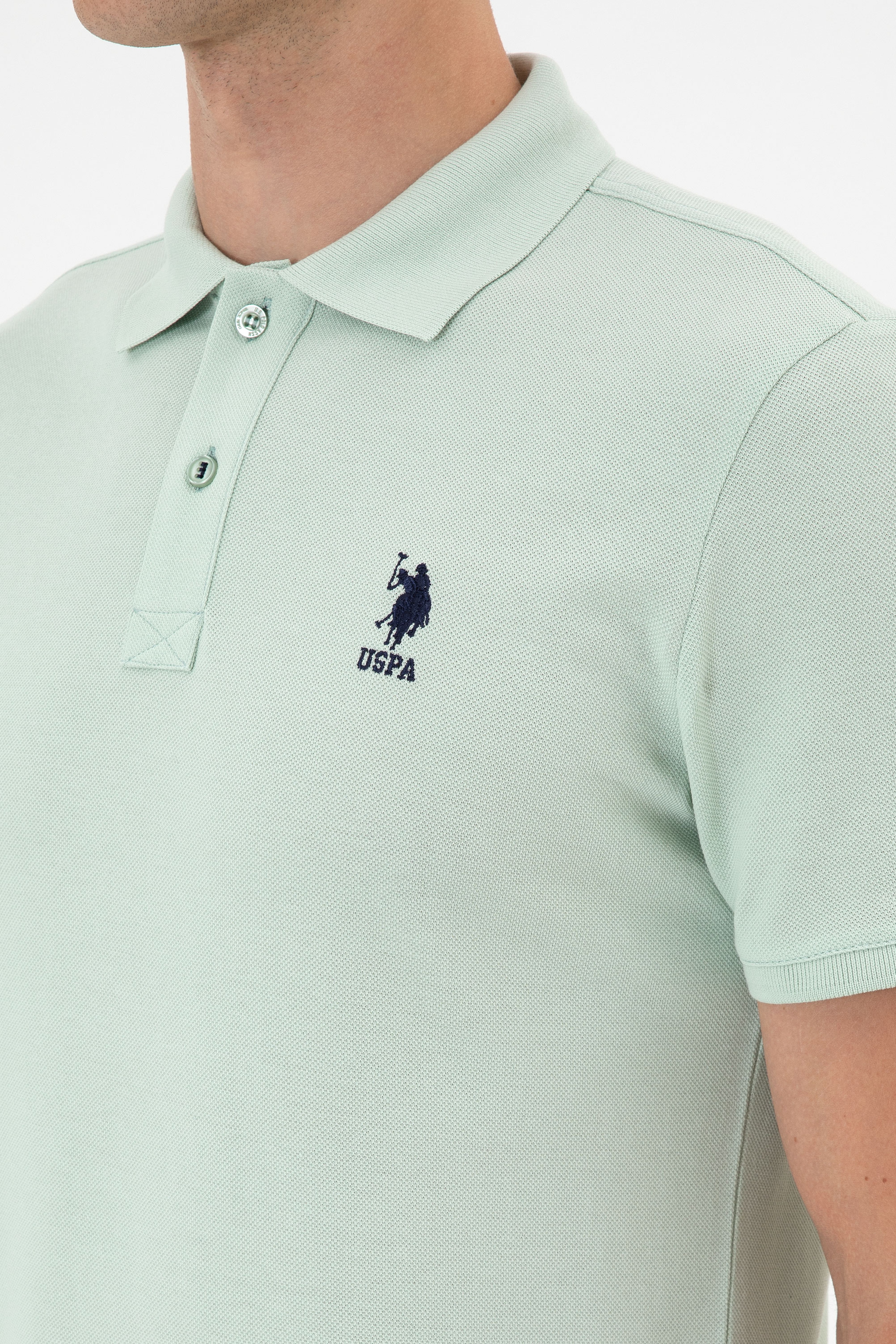 Erkek Slim Fit Polo Yaka Su Yeşili Basic Tişört - Image 7