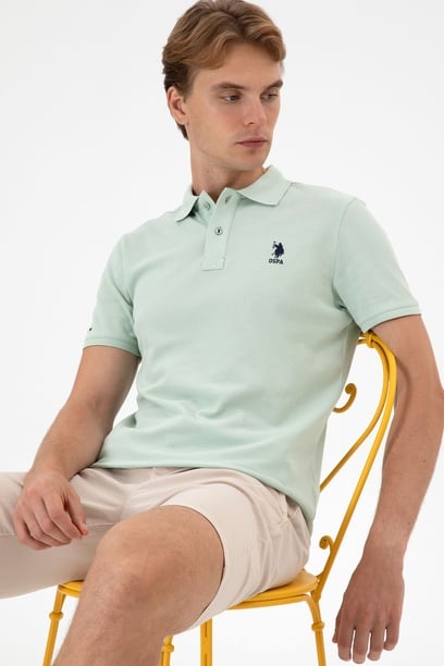 Erkek Slim Fit Polo Yaka Su Yeşili Basic Tişört