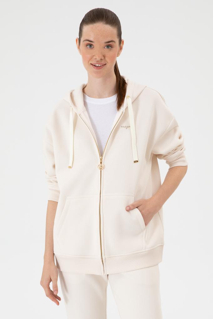 Kadın Krem Şardonlu Kapüşonlu Sweatshırt