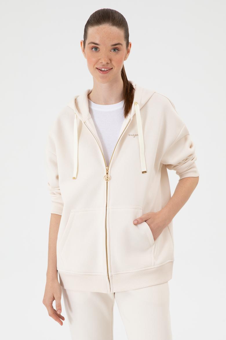 Kadın Krem Şardonlu Kapüşonlu Sweatshırt