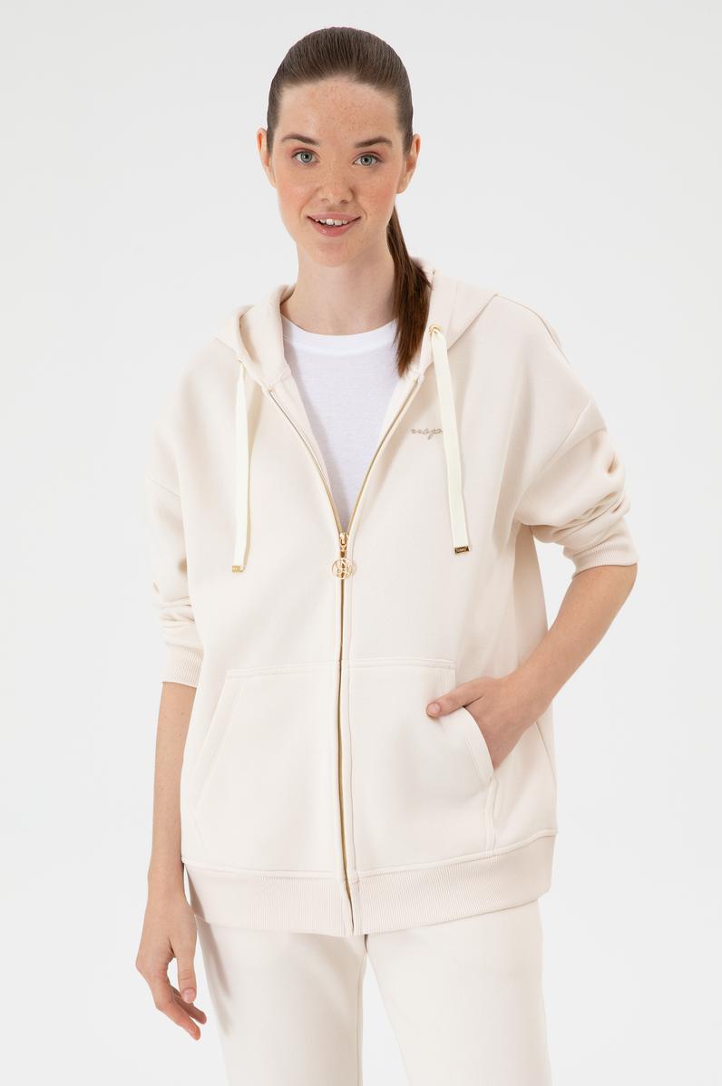 Kadın Krem Şardonlu Kapüşonlu Sweatshırt
