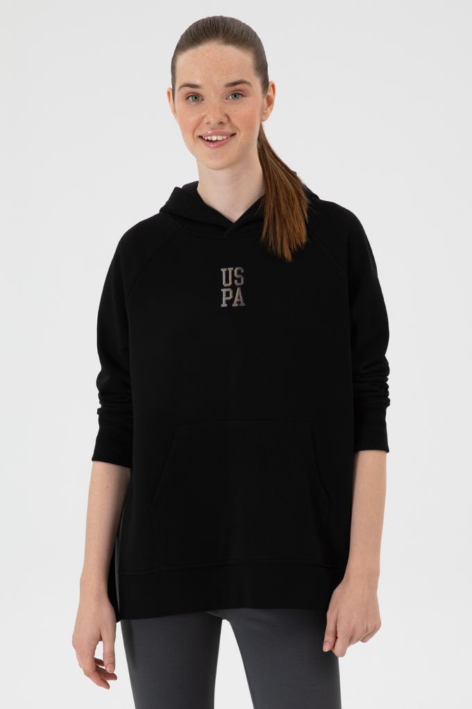 Kadın Siyah Yırtmaçlı Kapüşonlu Sweatshırt