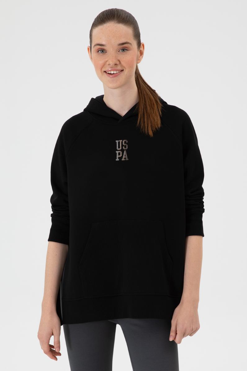 Kadın Siyah Yırtmaçlı Kapüşonlu Sweatshırt