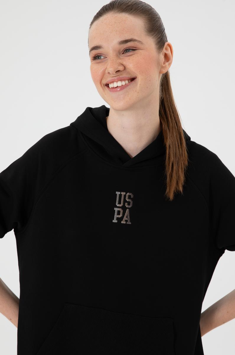 Kadın Siyah Yırtmaçlı Kapüşonlu Sweatshırt