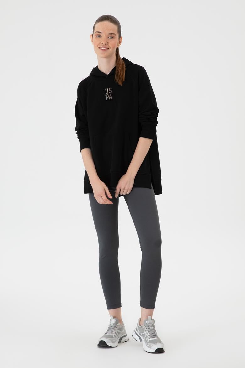 Kadın Siyah Yırtmaçlı Kapüşonlu Sweatshırt - 50313611022