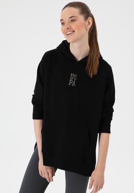 Kadın Siyah Yırtmaçlı Kapüşonlu Sweatshırt - 50313611022