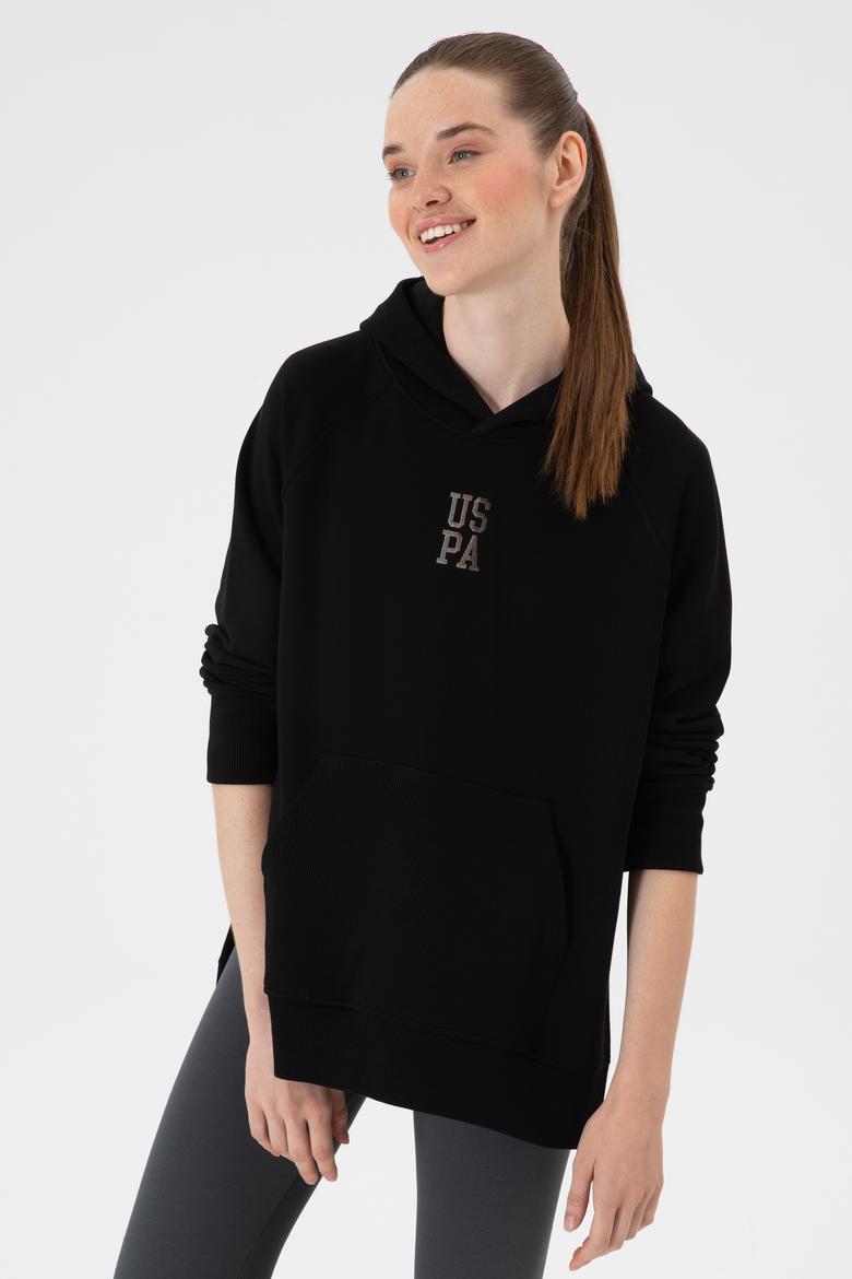 Kadın Siyah Yırtmaçlı Kapüşonlu Sweatshırt - 50313611022