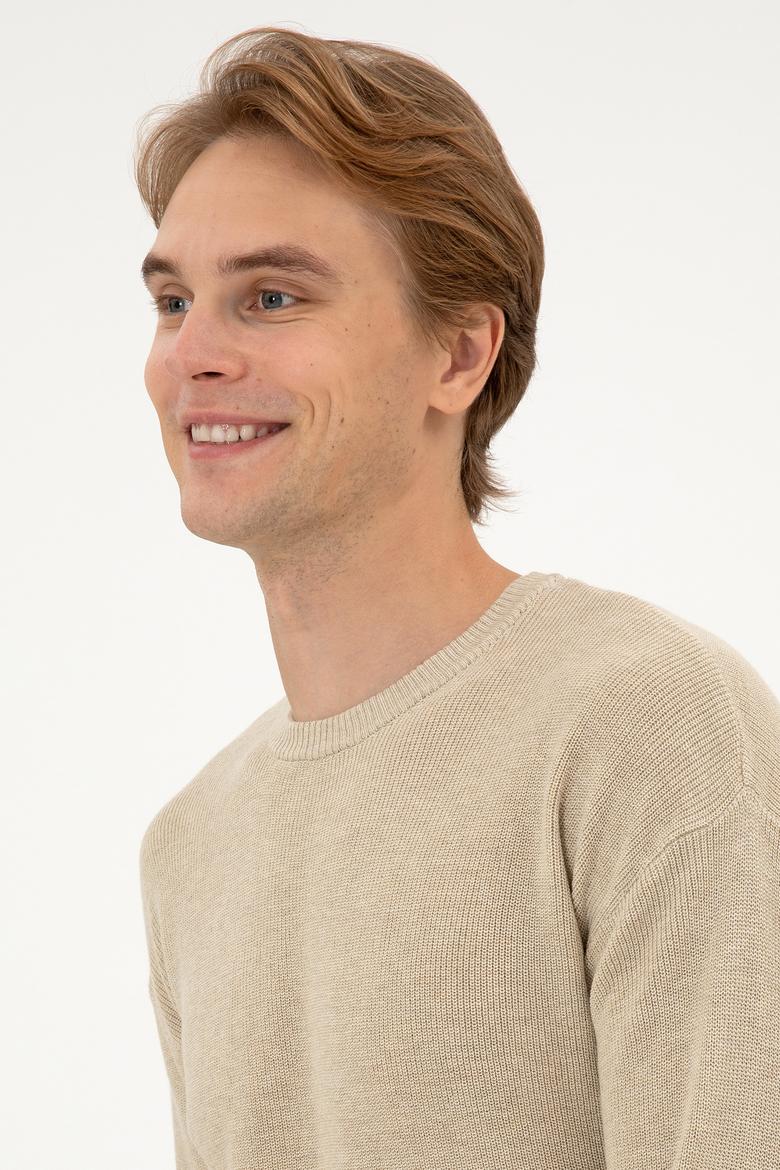 Erkek Comfort Fit Bisiklet Yaka Kum Melanj Basic Kazak - 50313679032