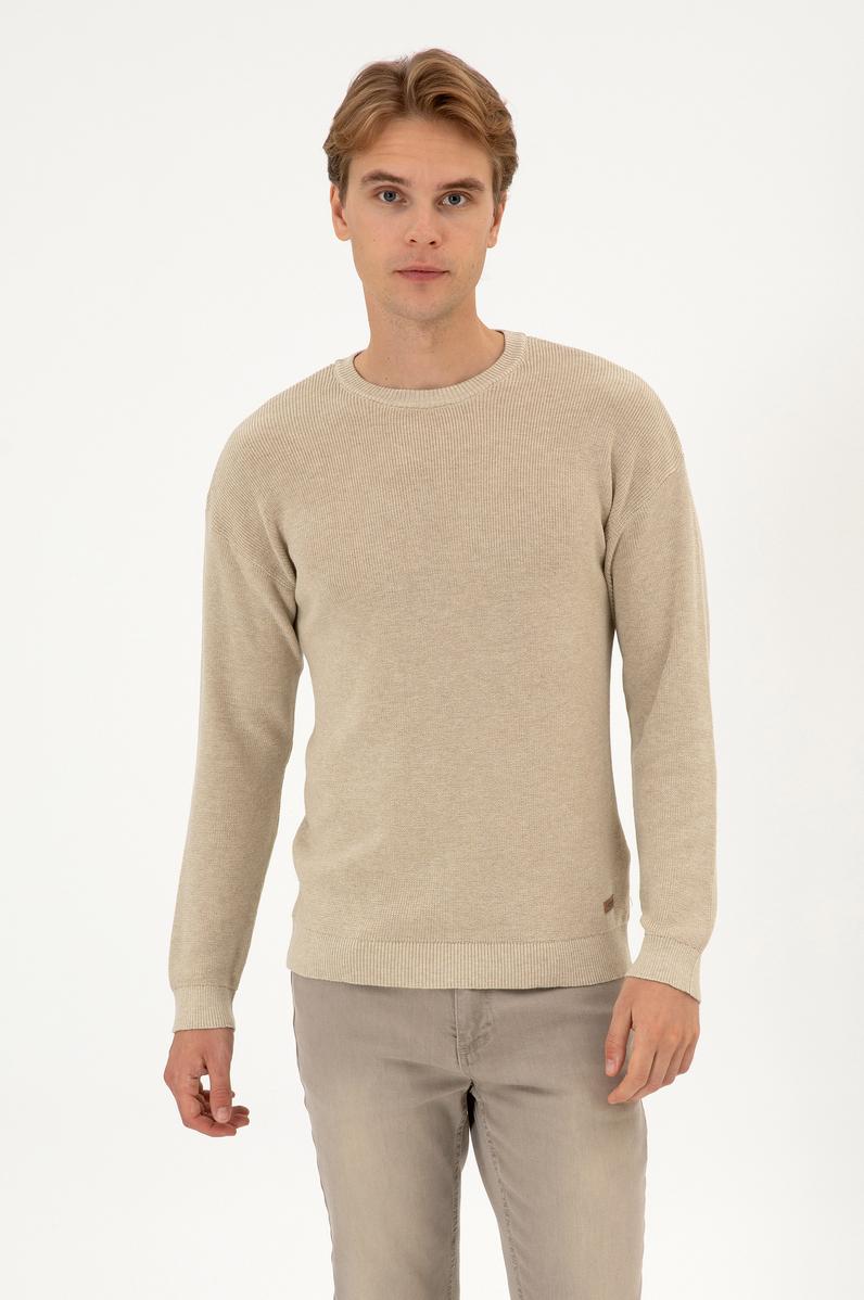 Erkek Comfort Fit Bisiklet Yaka Kum Melanj Basic Kazak