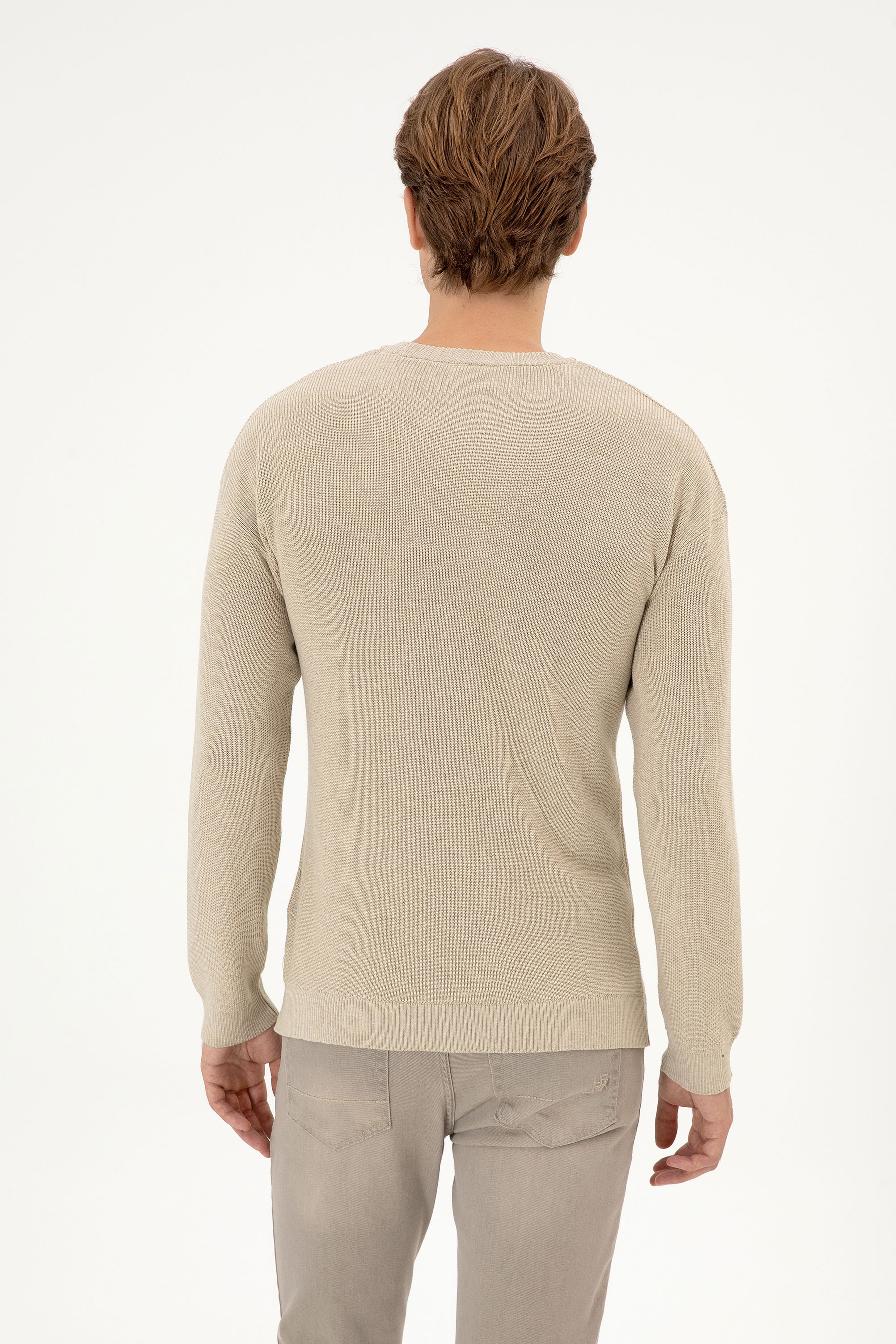 Erkek Comfort Fit Bisiklet Yaka Kum Melanj Basic Kazak - Image 5