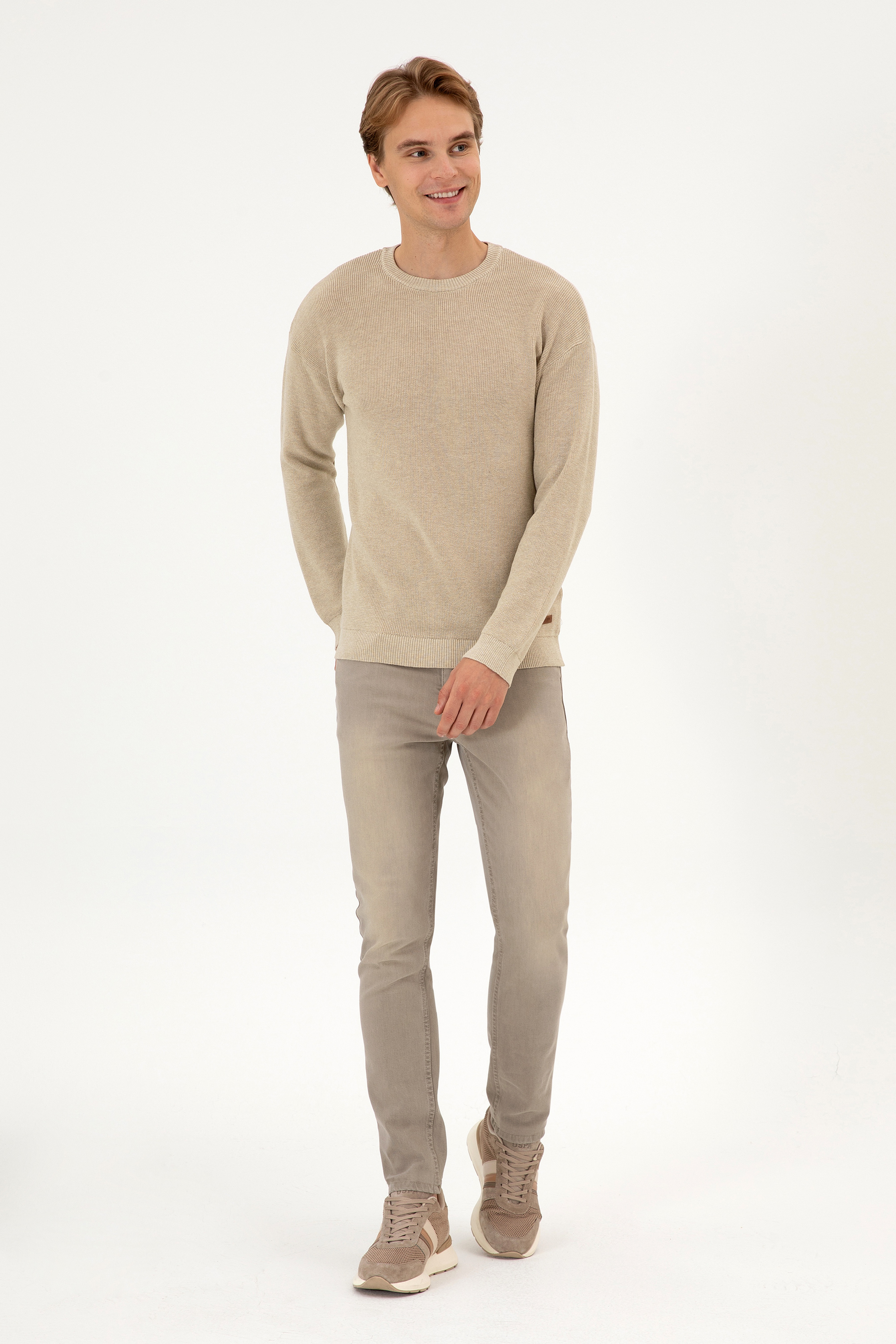 Erkek Comfort Fit Bisiklet Yaka Kum Melanj Basic Kazak