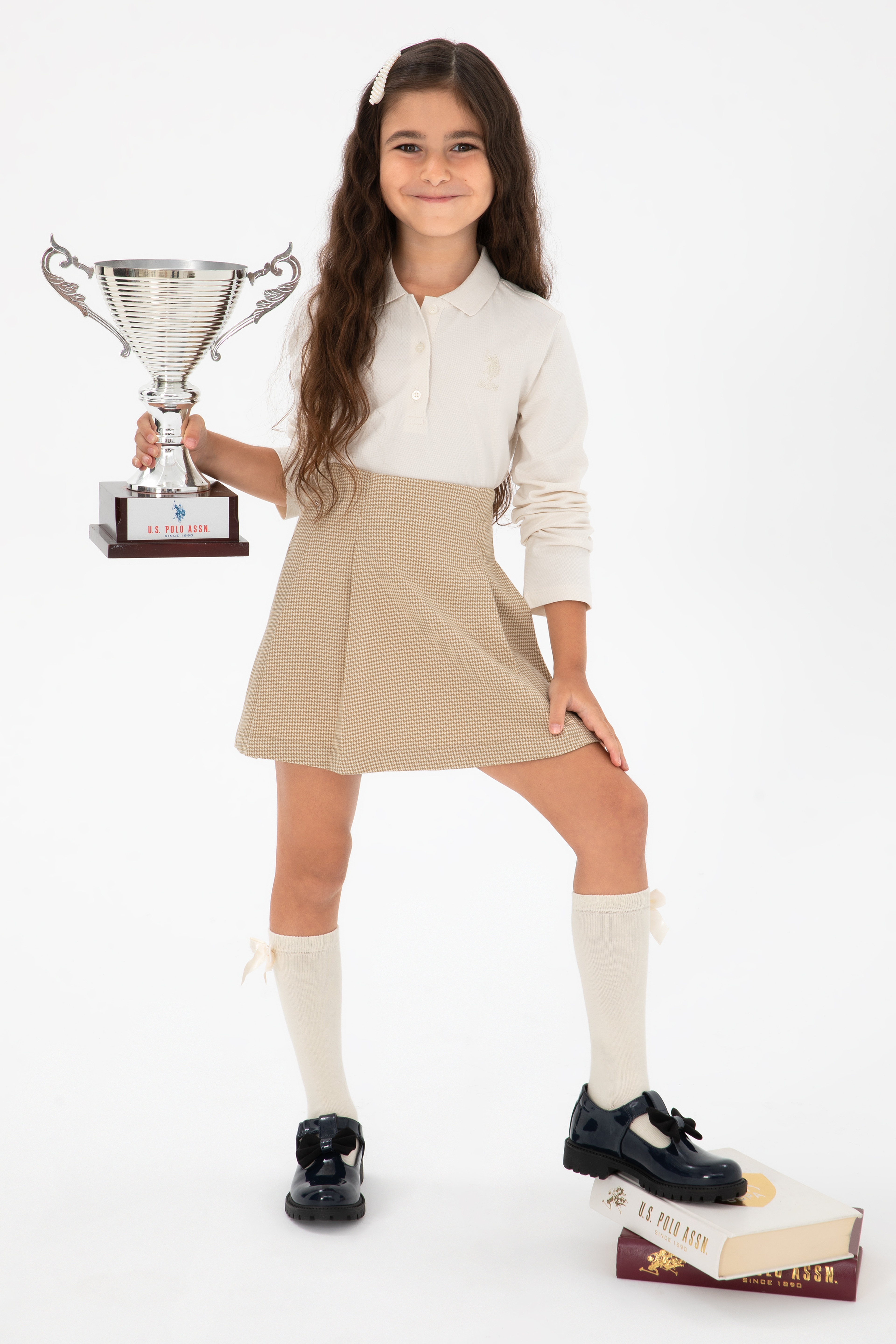Kız Çocuk Krem Polo Yaka Basic Sweatshirt - Image 1
