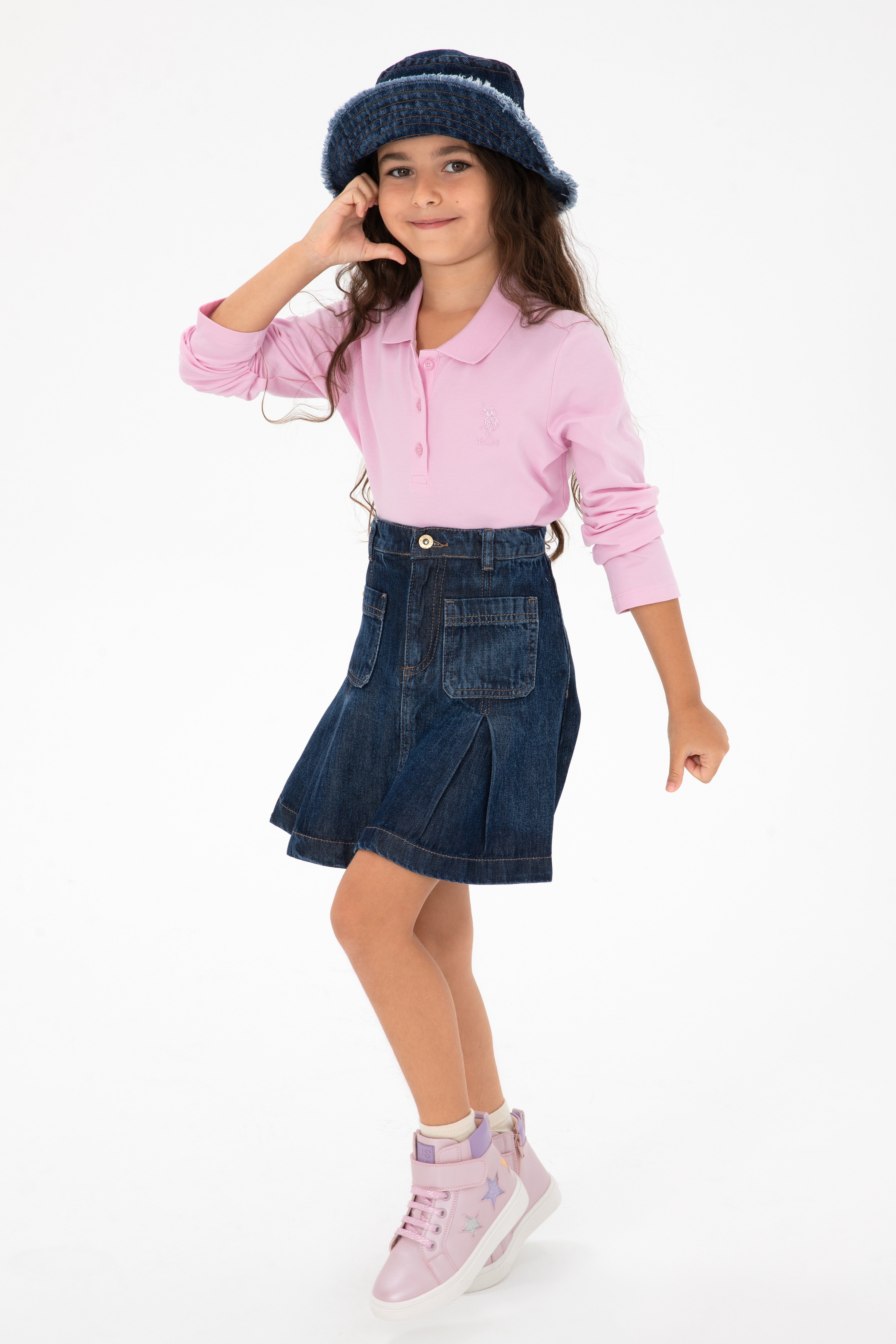 Kız Çocuk Pembe Polo Yaka Basic Sweatshirt - Image 1