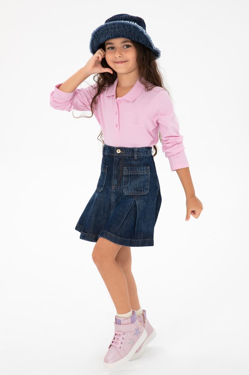 Kız Çocuk Pembe Polo Yaka Basic Sweatshirt