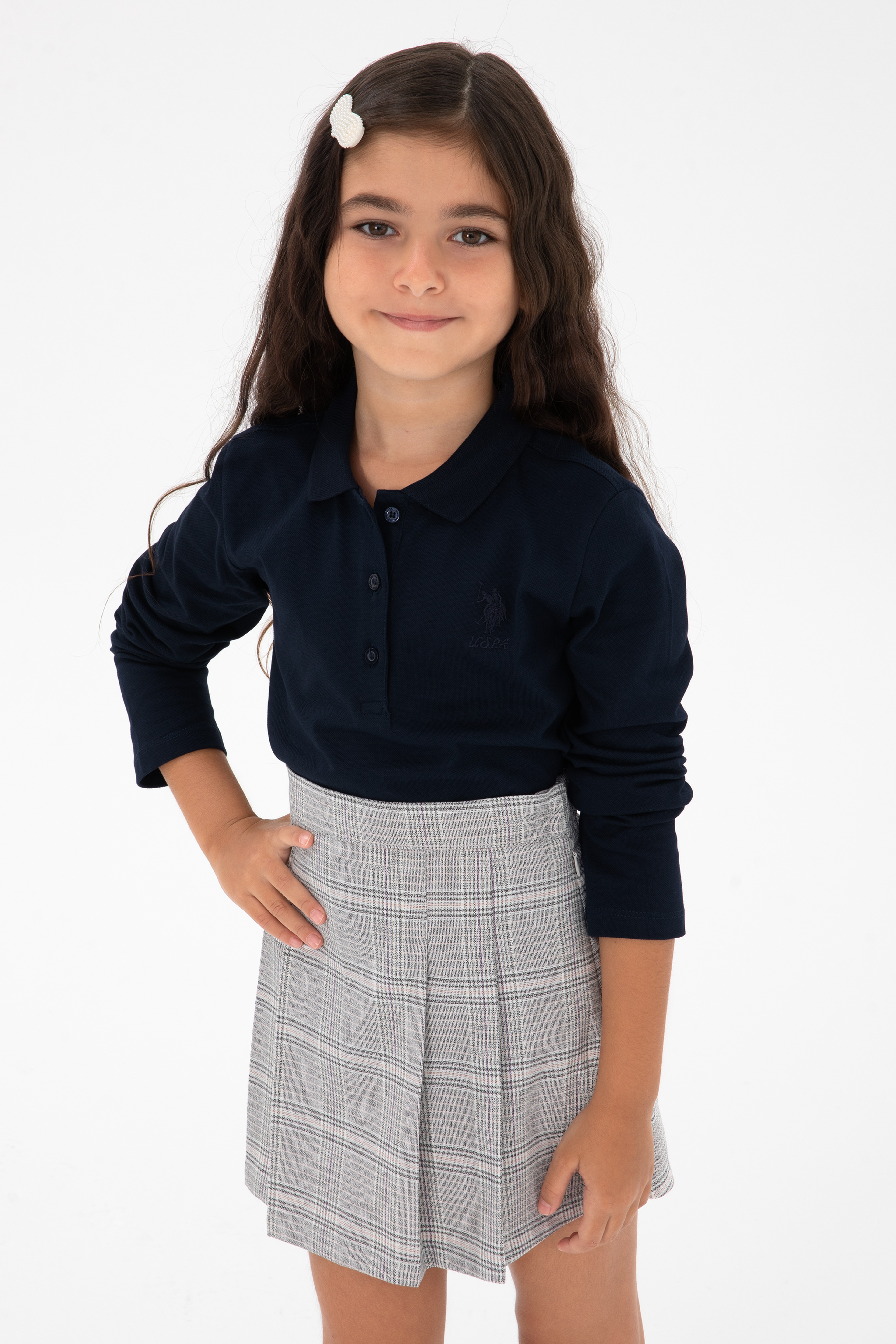 Kız Çocuk Lacivert Polo Yaka Basic Sweatshirt