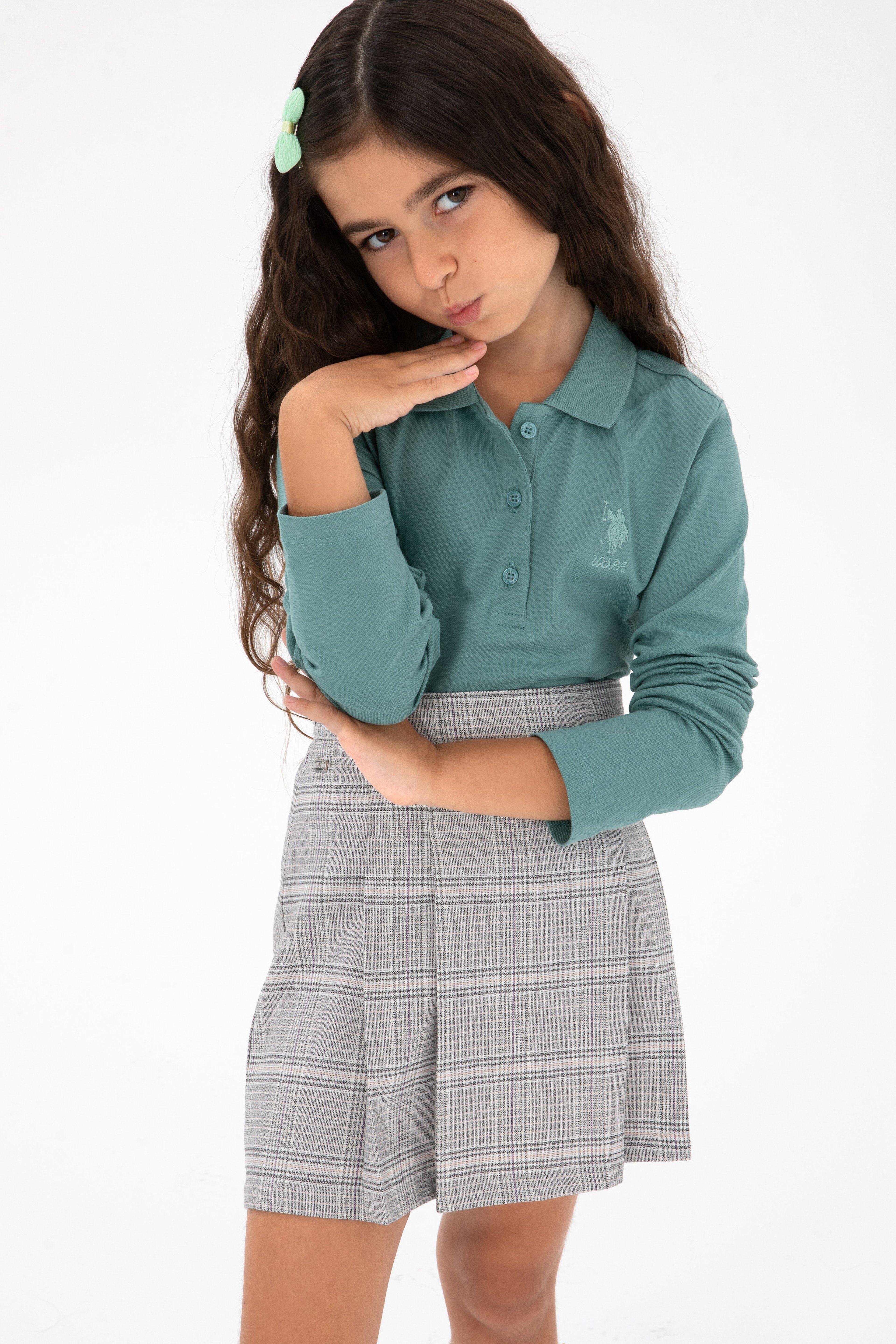 Kız Çocuk Mint Polo Yaka Basic Sweatshirt