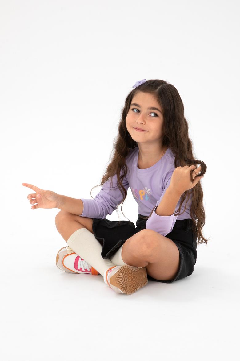 Kız Çocuk Lila Bisiklet Yaka Çiçek Baskılı Uzun Kol Tişört