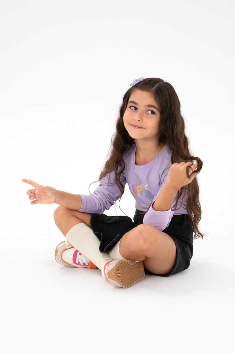 Kız Çocuk Lila Bisiklet Yaka Çiçek Baskılı Uzun Kol Tişört