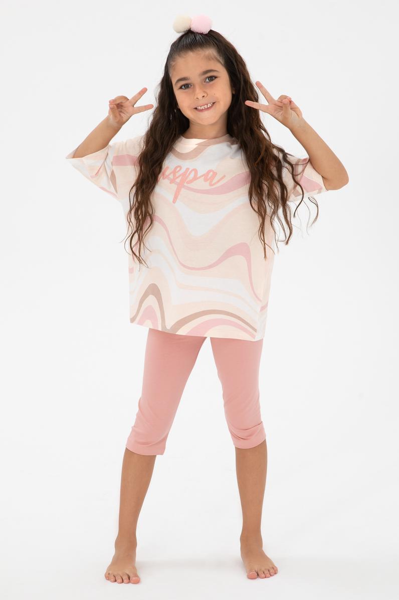 Kız Çocuk Pudra Capri Alt Üst Takım