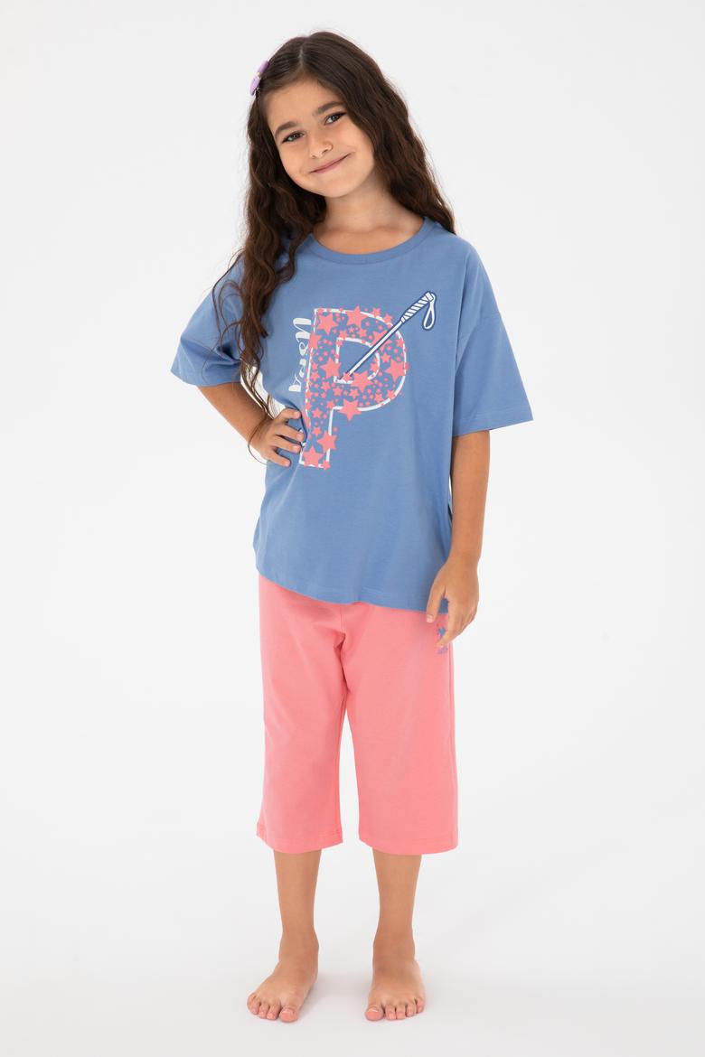 Kız Çocuk Mavi Capri Alt Üst Takım