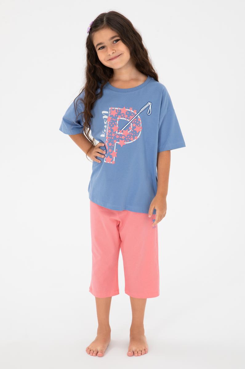 Kız Çocuk Mavi Capri Alt Üst Takım